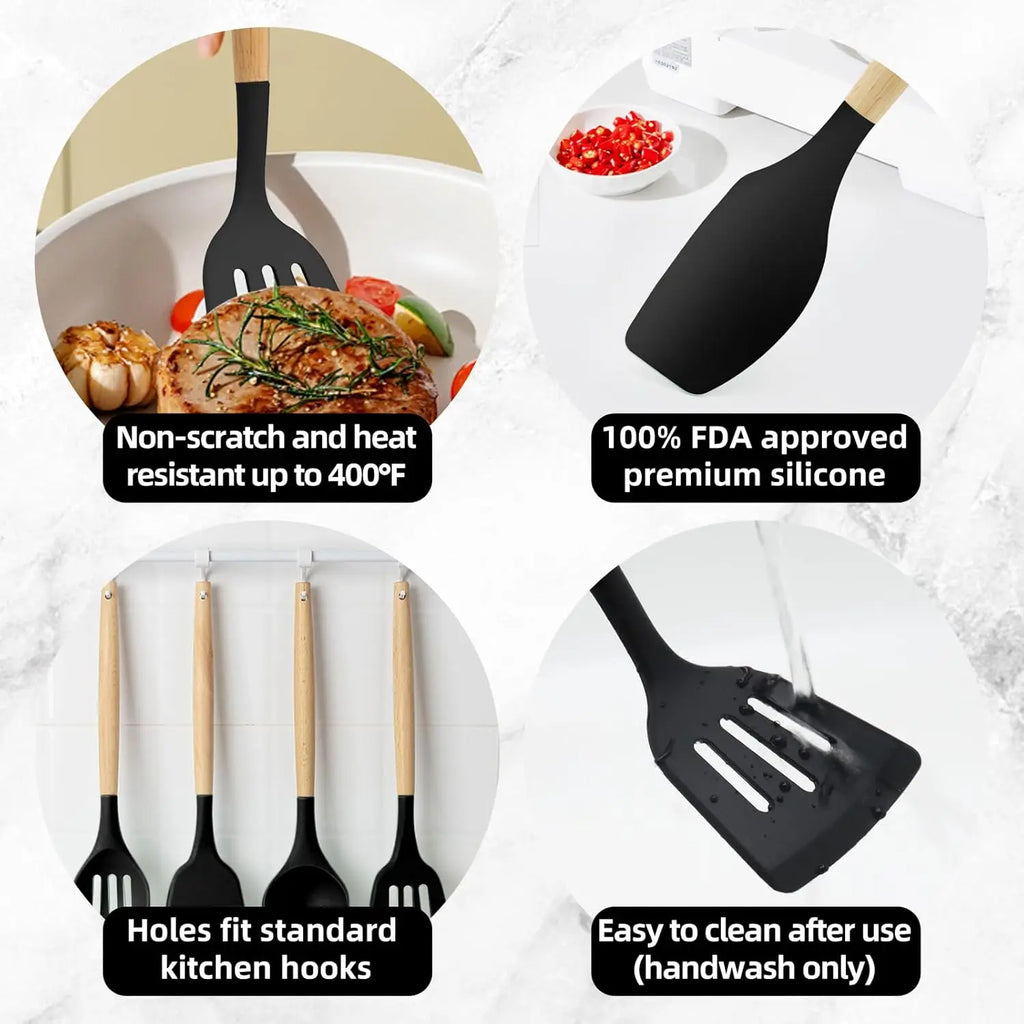 Silicone Cooking Utensils Kitchen Utensil Set - 446°F Heat Resistant Utensils Set Kitchen Gadgets for Nonstick Cookware BPA Free