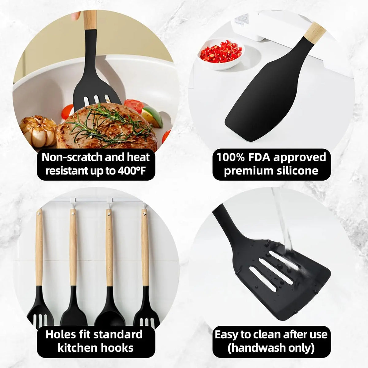 Silicone Cooking Utensils Kitchen Utensil Set - 446°F Heat Resistant Utensils Set Kitchen Gadgets for Nonstick Cookware BPA Free