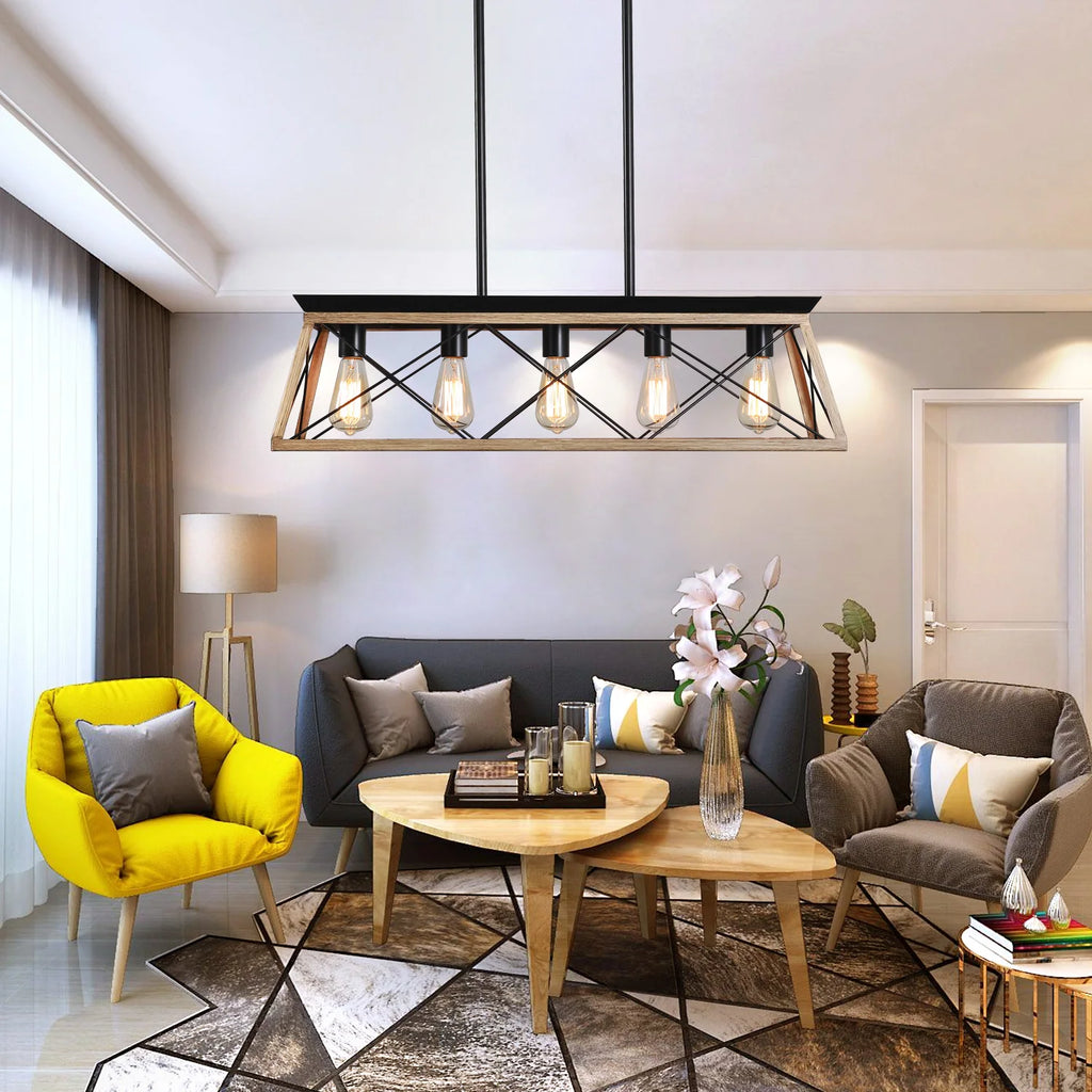 5-Light Steel Farmhouse Chandeliers for Dining Room, Rustic Kitchen Island Lighting, Adjustable Height Pendant Light for Kitchen