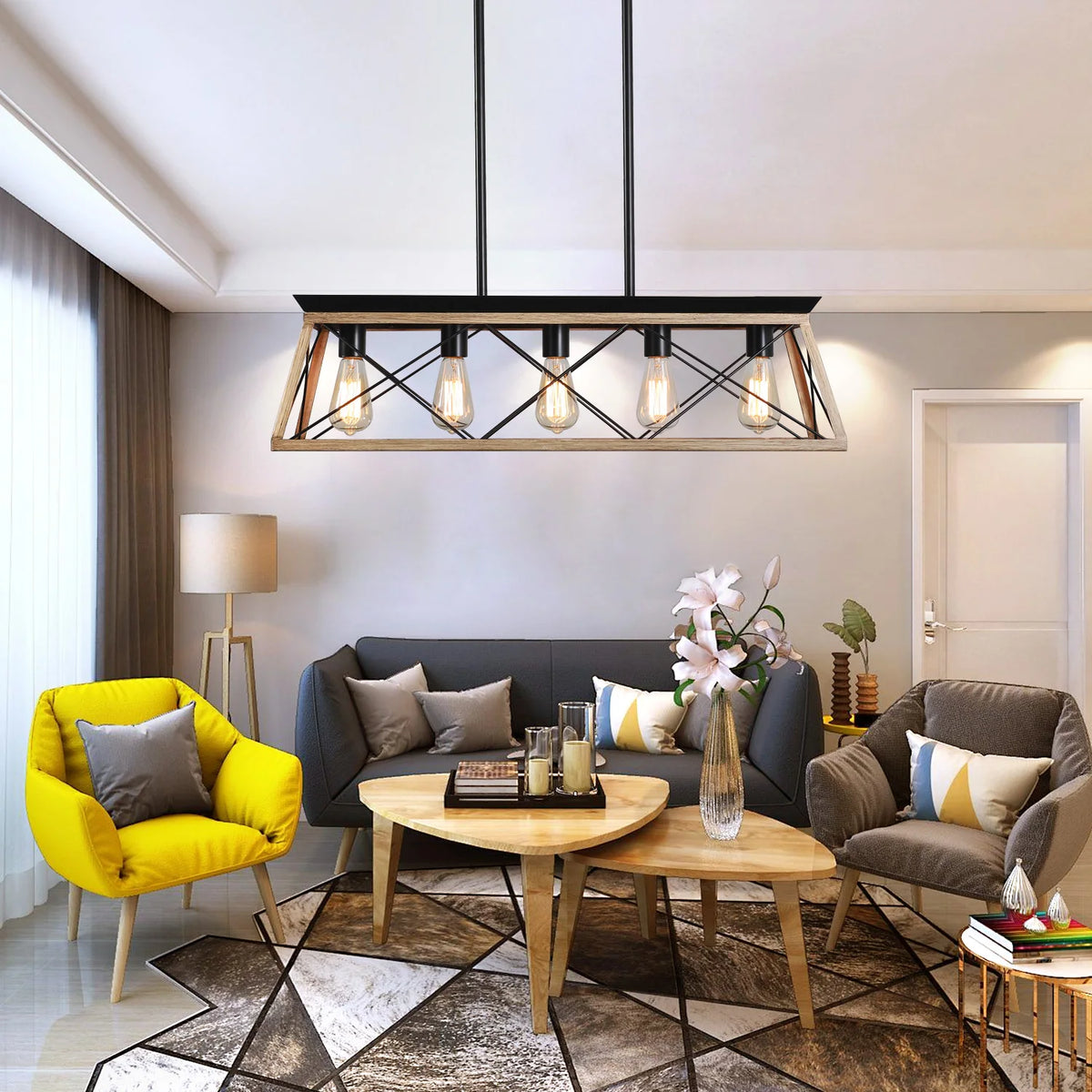 5-Light Steel Farmhouse Chandeliers for Dining Room, Rustic Kitchen Island Lighting, Adjustable Height Pendant Light for Kitchen