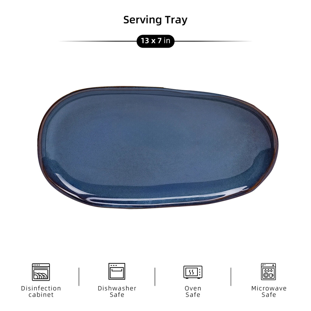 Organic Shape Irregular Ceramic Stoneware Blue Reactive Glaze Serving Tray 11in/13in Family Kitchen Use 6pc/12pc Dinnerware Sets