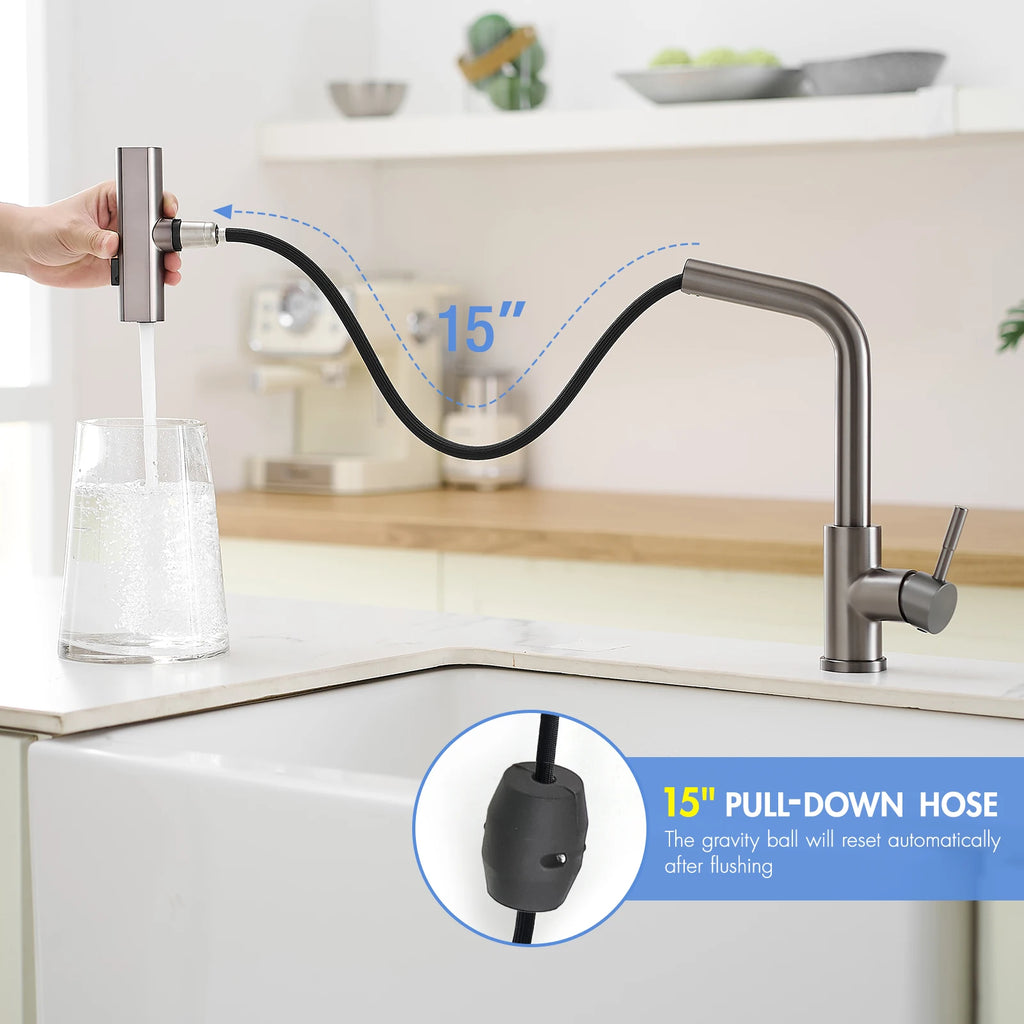 Modern Single Handle 360° Swivel Stainless Steel Waterfall Kitchen Faucet with Pull Out Sprayer Single Hole Kitchen Sink Faucet