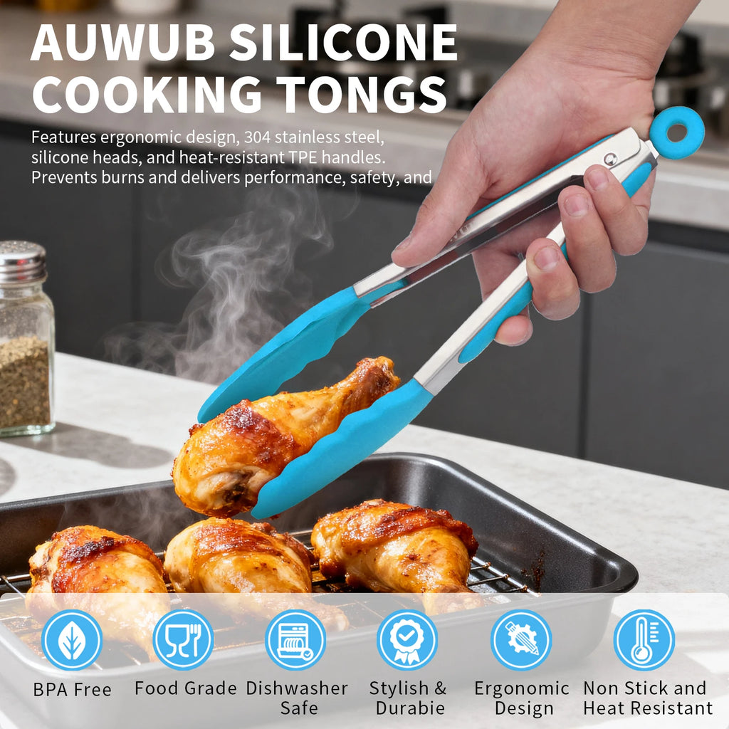 9+12 Inch Silicone Food Tong Stainless Steel Silicone Non-slip Cooking Clip Clamp BBQ Salad Tools Cooking Kitchen Accessories