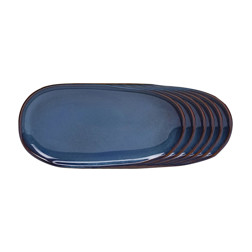 Organic Shape Irregular Ceramic Stoneware Blue Reactive Glaze Serving Tray 11in/13in Family Kitchen Use 6pc/12pc Dinnerware Sets