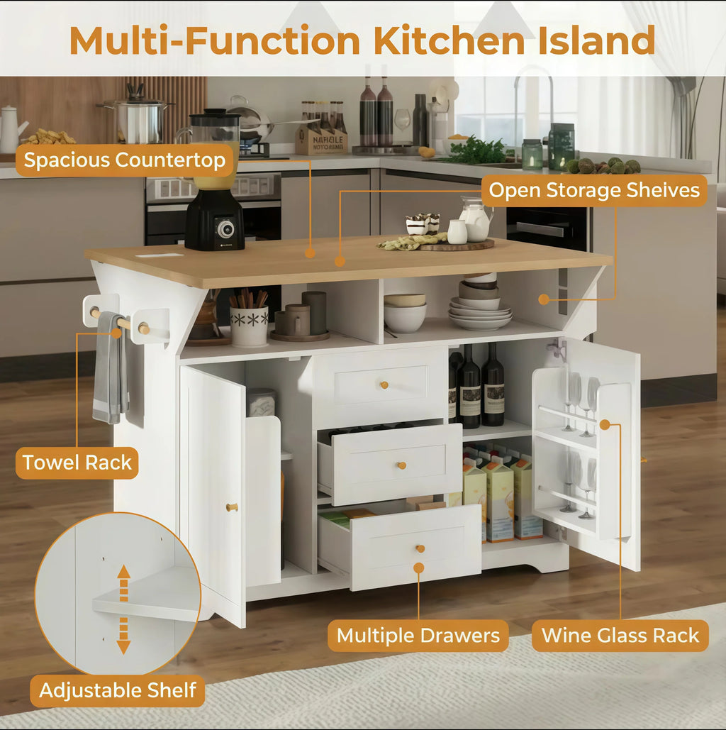 Modern Eco-Friendly MDF Kitchen Cabinet Island Rolling Cart 5-Wheel Drop Leaf Design Folding Dining Table 3 Drawers Spice Rack