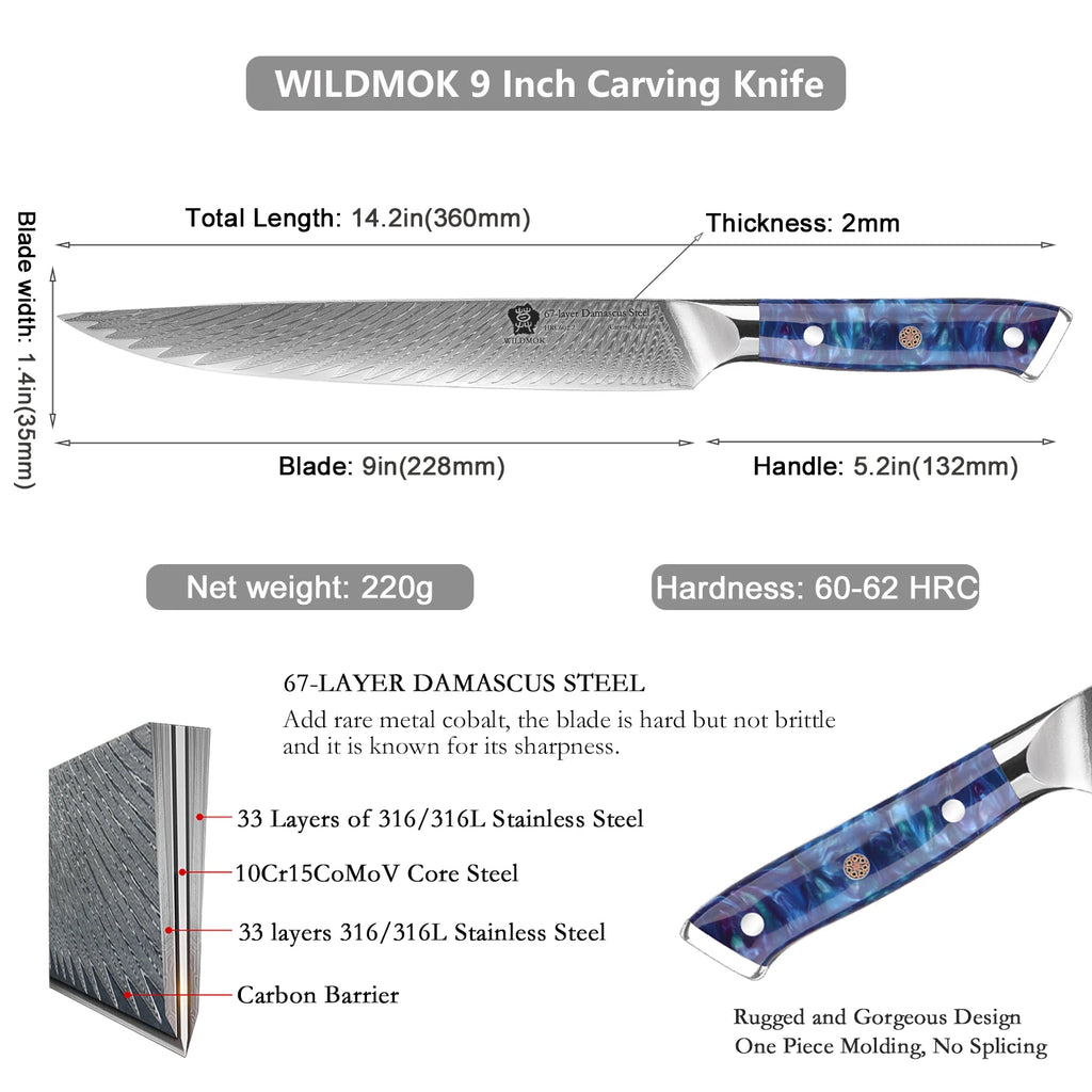WILDMOK 9 Inch Damascus VG10 High Carbon Stainless Steel Meat Fruit Cutting Kitchen Slicing Knife with Resin Handle
