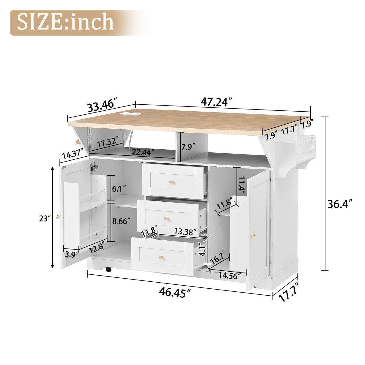Modern Eco-Friendly MDF Kitchen Cabinet Island Rolling Cart 5-Wheel Drop Leaf Design Folding Dining Table 3 Drawers Spice Rack