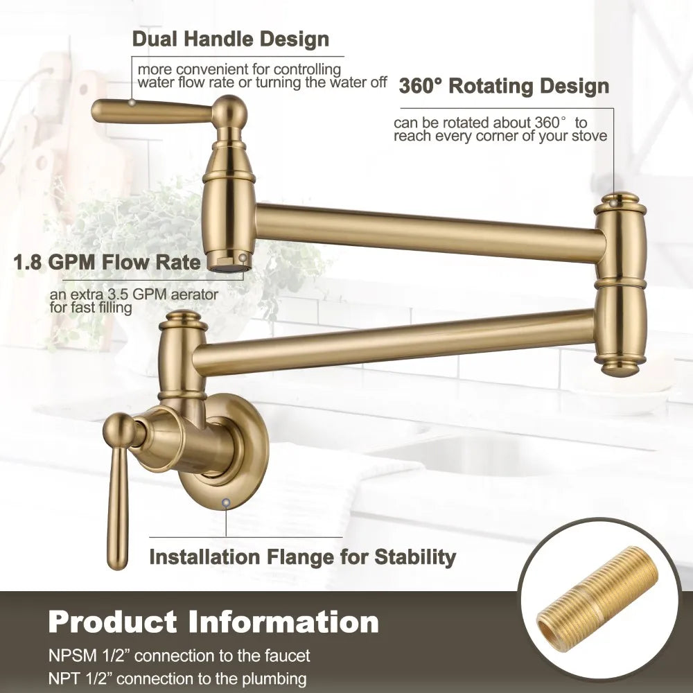 Gold Pot Filler Faucet, Two Handles Kitchen Sink Pot Filler Taps, Single Hole Folding Kitchen Faucet for Sink Stove