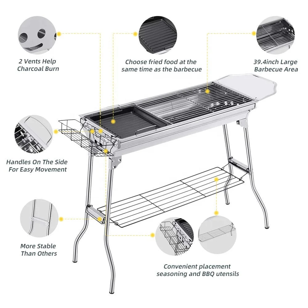Portable Outdoor Camping Folding Adjustable Stainless Steel Smokeless Barbecue Charcoal Grill