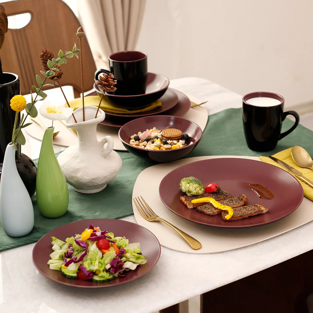 16 Pc Plum Elegant Stoneware Set Popular Hot Selling Kitchen Bowls Plates Ceramic Coffee Mug Dinnerware Sets for 4 People Use
