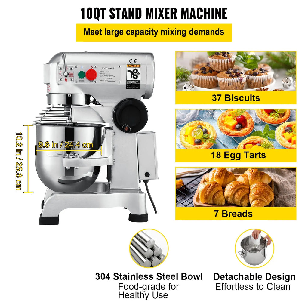 Commercial 10Qt Food Mixer 450W 3 Speeds Adjustable 110/178/390 RPM Heavy Duty 110V Stainless Steel Bowl Dough Hooks Electric