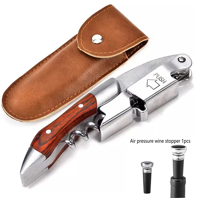Abridor de vinho portátil profissional com punho de madeira, garçons Corkscrew, Beer Bottle Cap Opener com saco PU, Wine Stopper