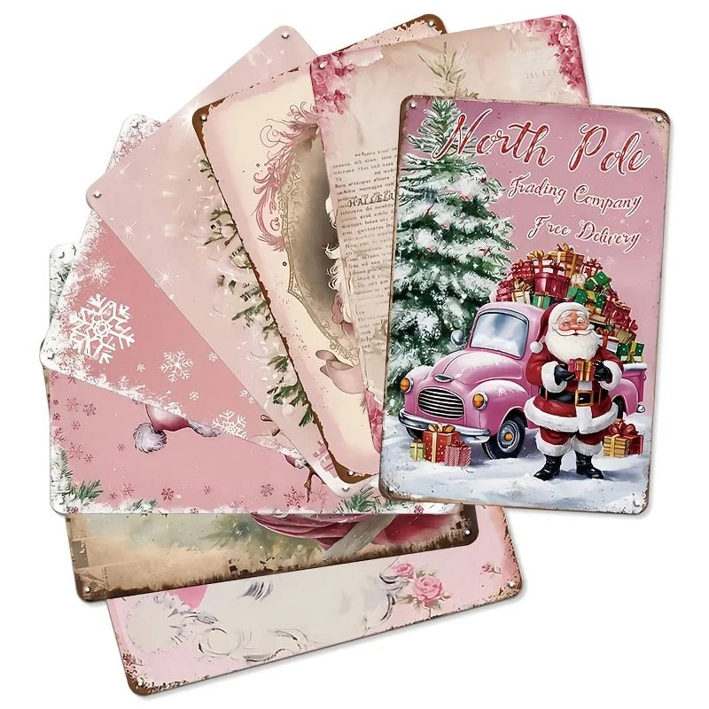 Vintage Pink Christmas Santa Floral Metal Signs Set Retro Christmas Home Wall Decor for Kitchen Living Room Decor - Kasa & Pet