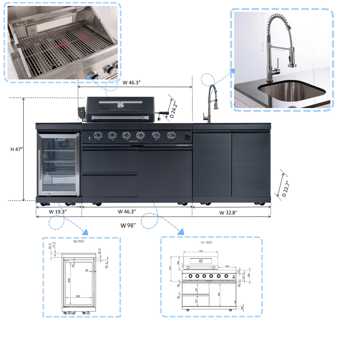 304 Stainless Steel Outdoor Kitchen Bar - 4-Burner Gas Grill Island & Refrigerator - USA Stock Dropshipping Certified