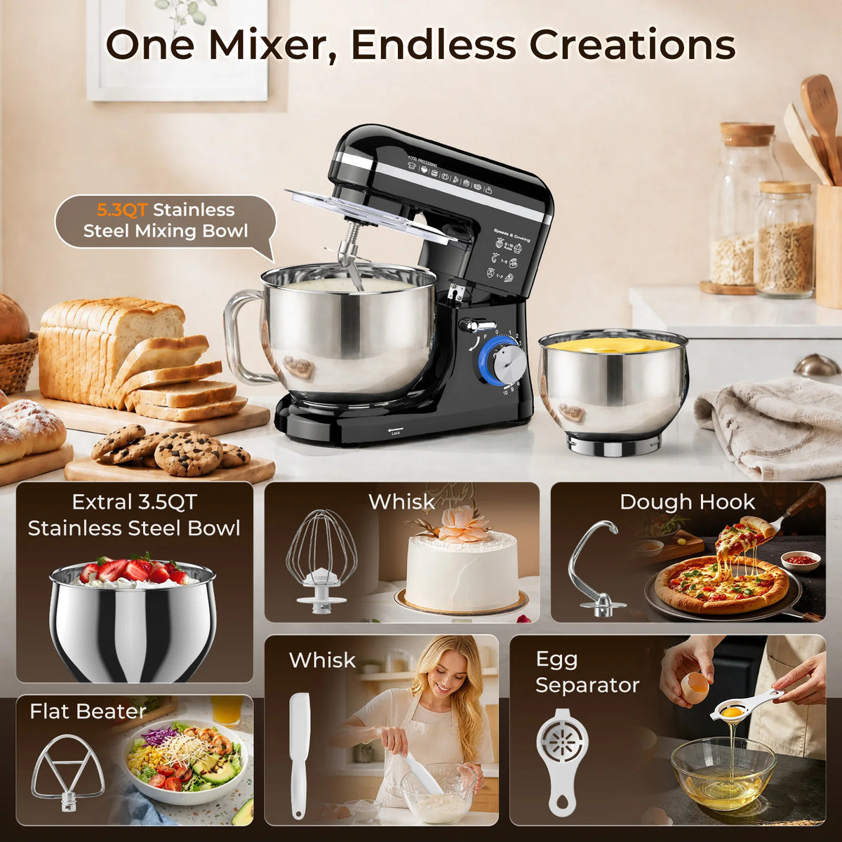 Dual-container Stand Mixer Kitchen Food Stand Mixer with Stainless Steel Bowl, 10 Speeds Beater