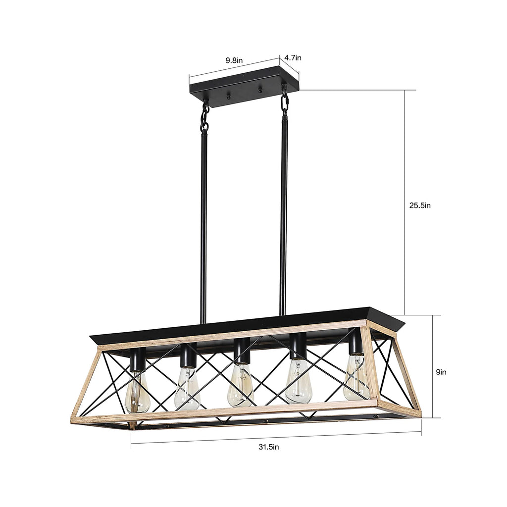 5-Light Steel Farmhouse Chandeliers for Dining Room, Rustic Kitchen Island Lighting, Adjustable Height Pendant Light for Kitchen