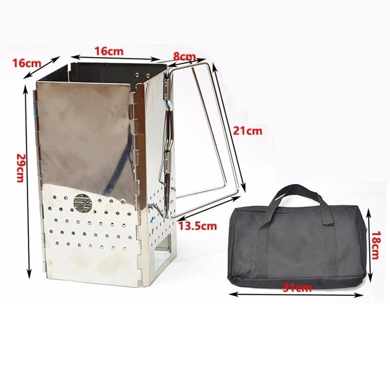 Stainless Steel Firewood Stove for Camping Folding Charcoal Starter with Carry Bag for Outdoor BBQ Grills