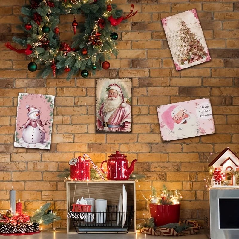 Vintage Pink Christmas Santa Floral Metal Signs Set Retro Christmas Home Wall Decor for Kitchen Living Room Decor - Kasa & Pet