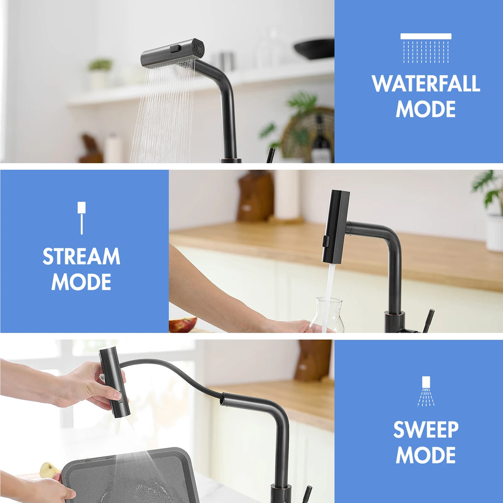 Modern Single Handle 360° Swivel Stainless Steel Waterfall Kitchen Faucet with Pull Out Sprayer Single Hole Kitchen Sink Faucet