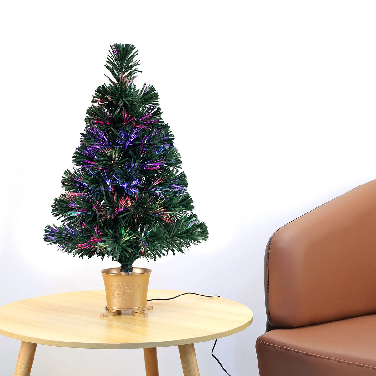 Mini árvore de Natal artificial de mesa de fibra óptica com luzes LED, base dourada, verde, pré-iluminada, árvore de Natal, 24 polegadas