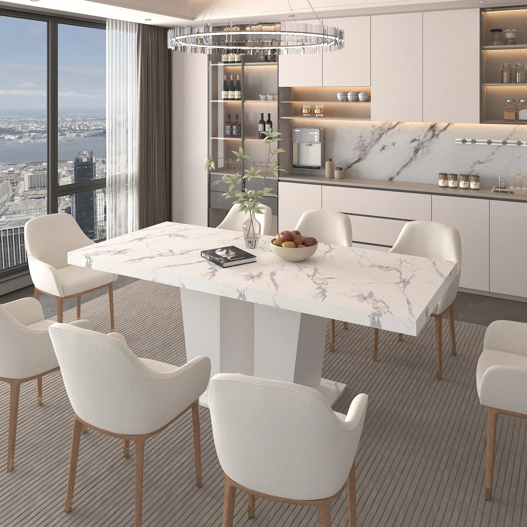 Extendable Dining Room Table 6-10 Modern White Faux Marble Particle Board Expandable Square Kitchen Table W/Dual Column Pedestal