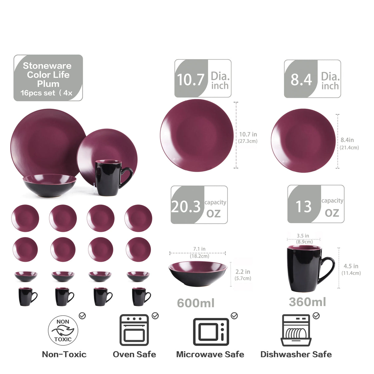 16 Pc Plum Elegant Stoneware Set Popular Hot Selling Kitchen Bowls Plates Ceramic Coffee Mug Dinnerware Sets for 4 People Use