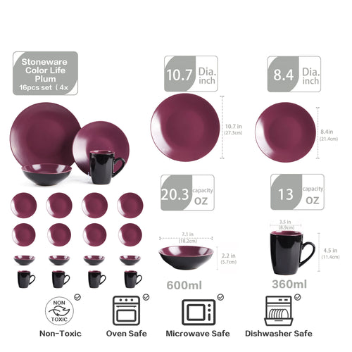 16 Pc Plum Elegant Stoneware Set Popular Hot Selling Kitchen Bowls Plates Ceramic Coffee Mug Dinnerware Sets for 4 People Use - Kasa & Pet