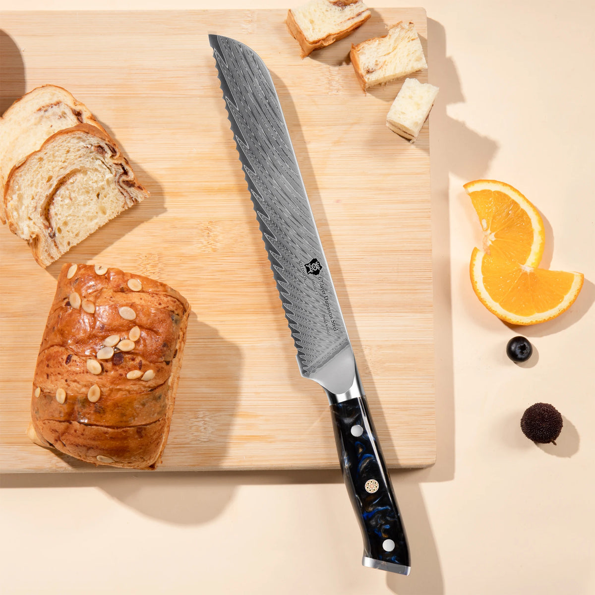 WILDMOK 8-Inch Damascus Serrated Steel Bread Knife with Ergonomic Full Tang Resin Handle Kitchen Knives