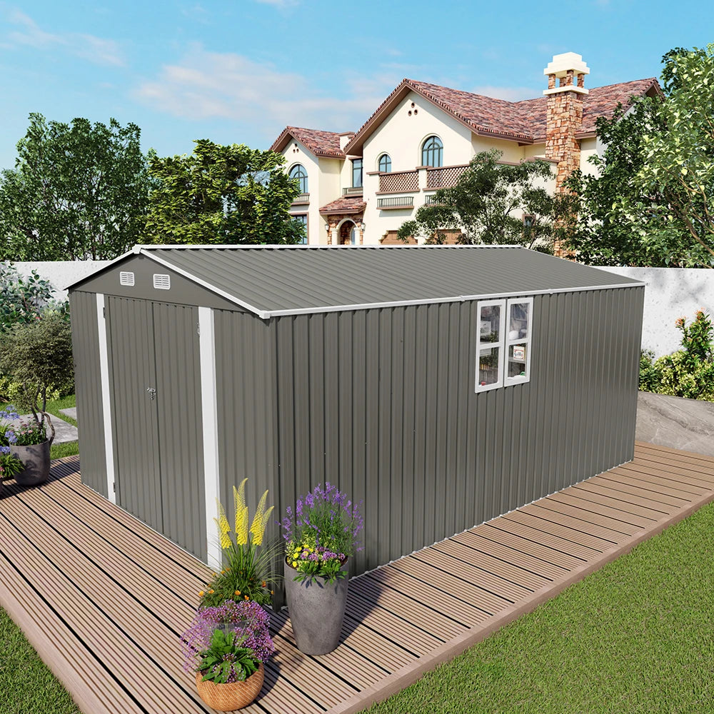 10x14FT Modern Galvanized Steel Garden Tools Storage Shed Waterproof Rodent Proof Eco-Friendly Features Foundation Included Free