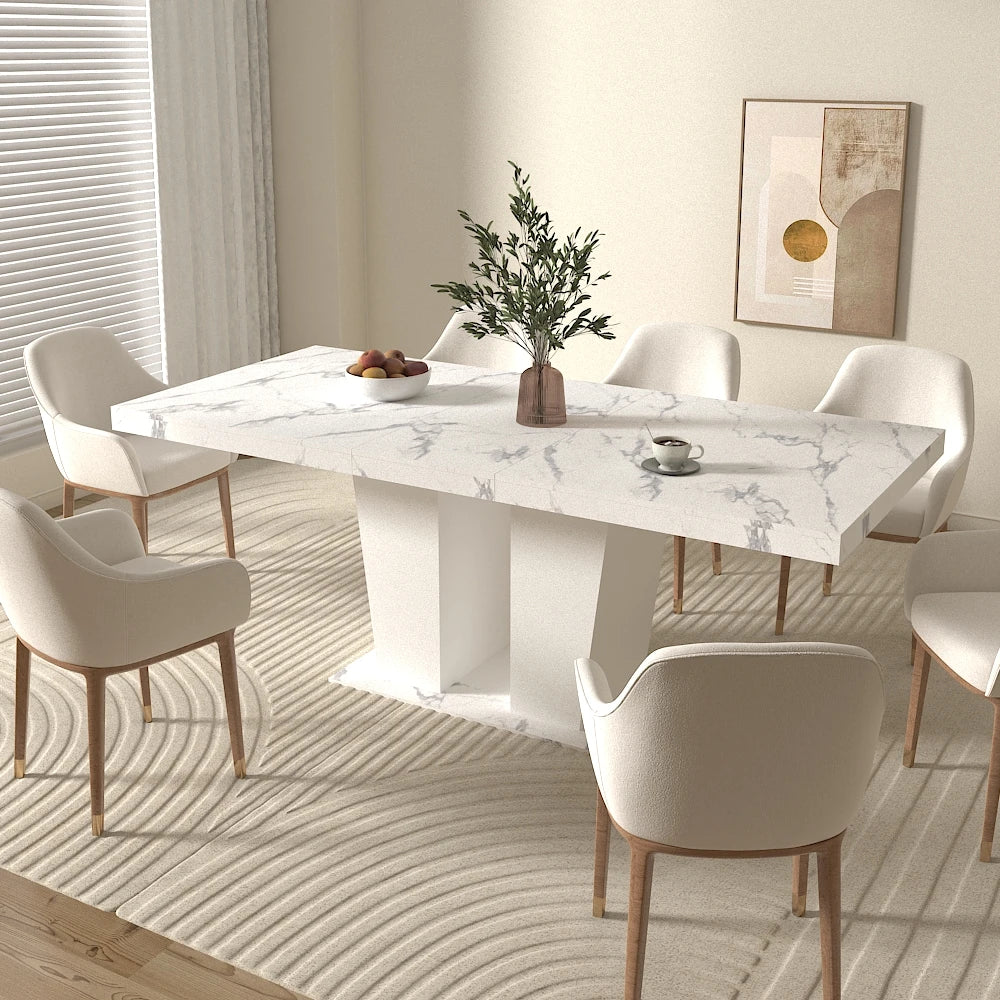 Extendable Dining Room Table 6-10 Modern White Faux Marble Particle Board Expandable Square Kitchen Table W/Dual Column Pedestal