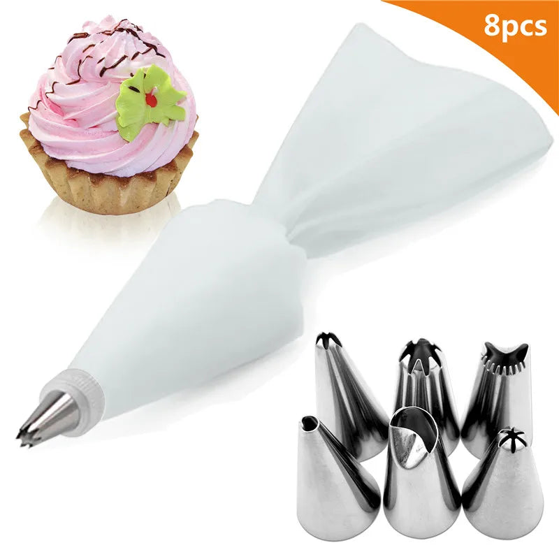 Silicone Glacê Piping Bag, 6 Bico De Bolo De Aço Inoxidável, Dicas De Decoração Do Bolo DIY, Ferramentas De Pastelaria Fondant, 8Pcs por Saco