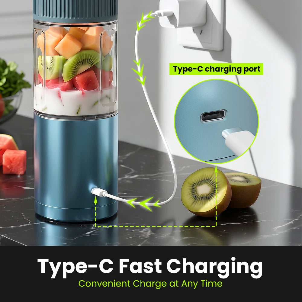 Portable Rechargeable Electric Mini Blender 6 Stainless Steel Blades Home Use USB Juicer Hotel Outdoor Button BPA Free Container