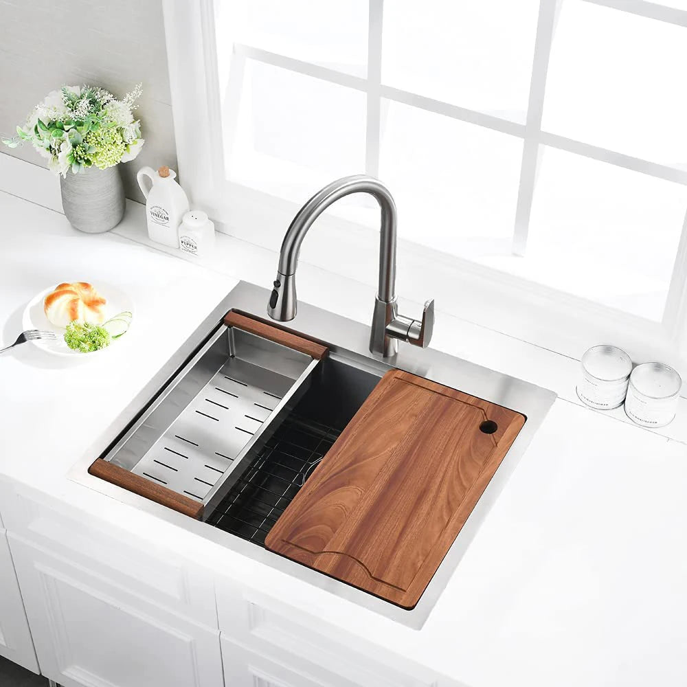 American 25 Inch Handmade Drop-in Kitchen Sink 304 Stainless Steel Single Rectangular Bowl Basin