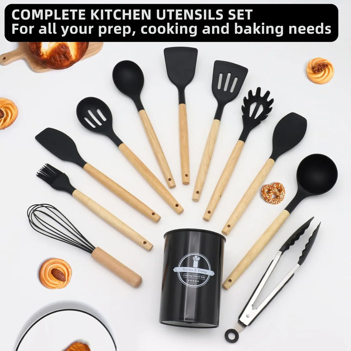 Silicone Cooking Utensils Kitchen Utensil Set - 446°F Heat Resistant Utensils Set Kitchen Gadgets for Nonstick Cookware BPA Free