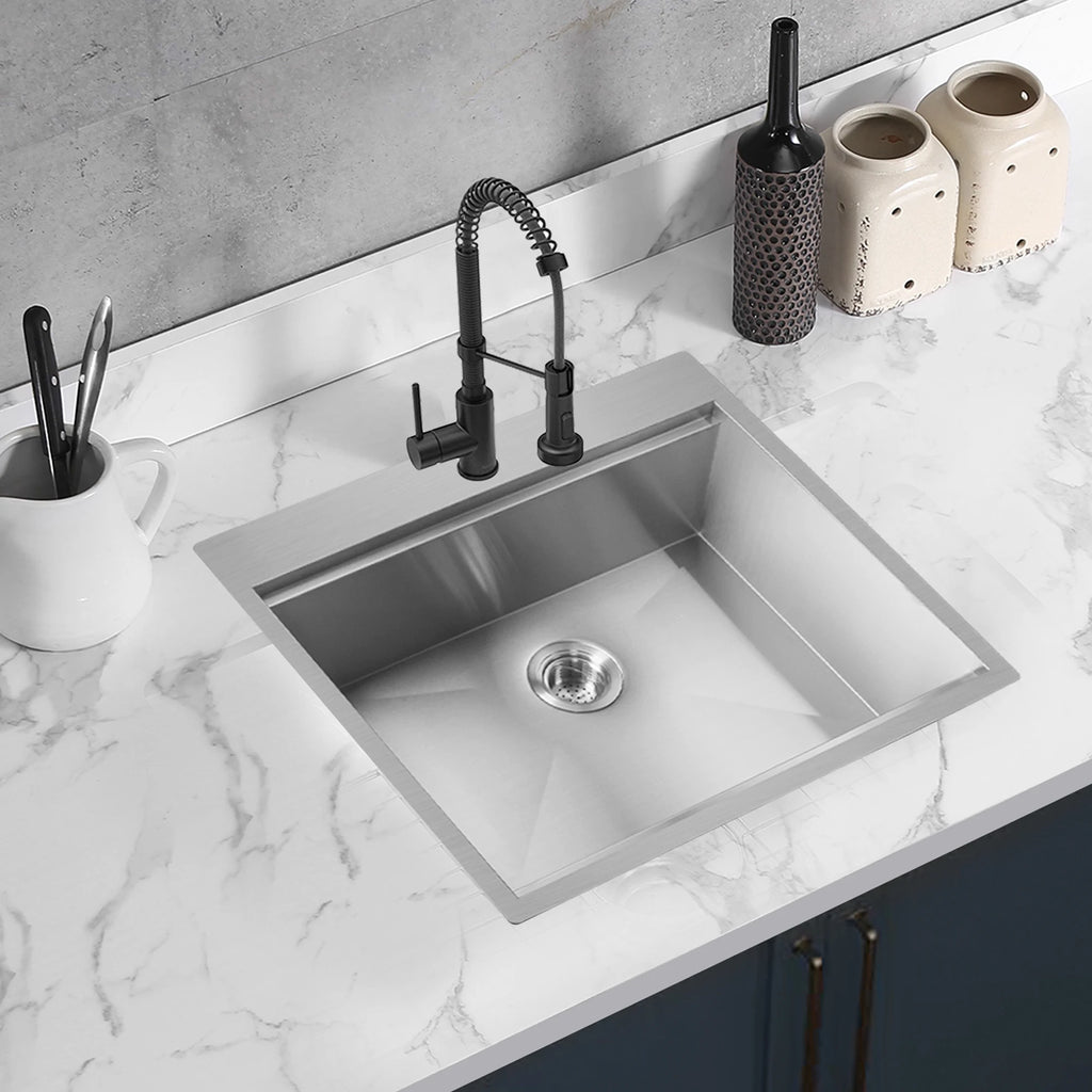 American 25 Inch Handmade Drop-in Kitchen Sink 304 Stainless Steel Single Rectangular Bowl Basin