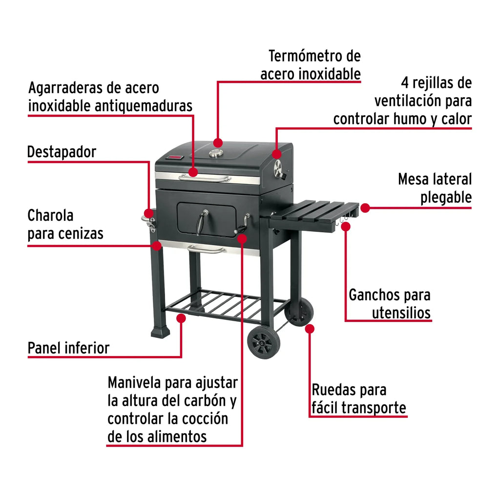 24' Painted Steel Folding Camp Charcoal Grill with Lid Black FIERO Piezo Ignition Flame Safety Device Knob Control 1 Burner