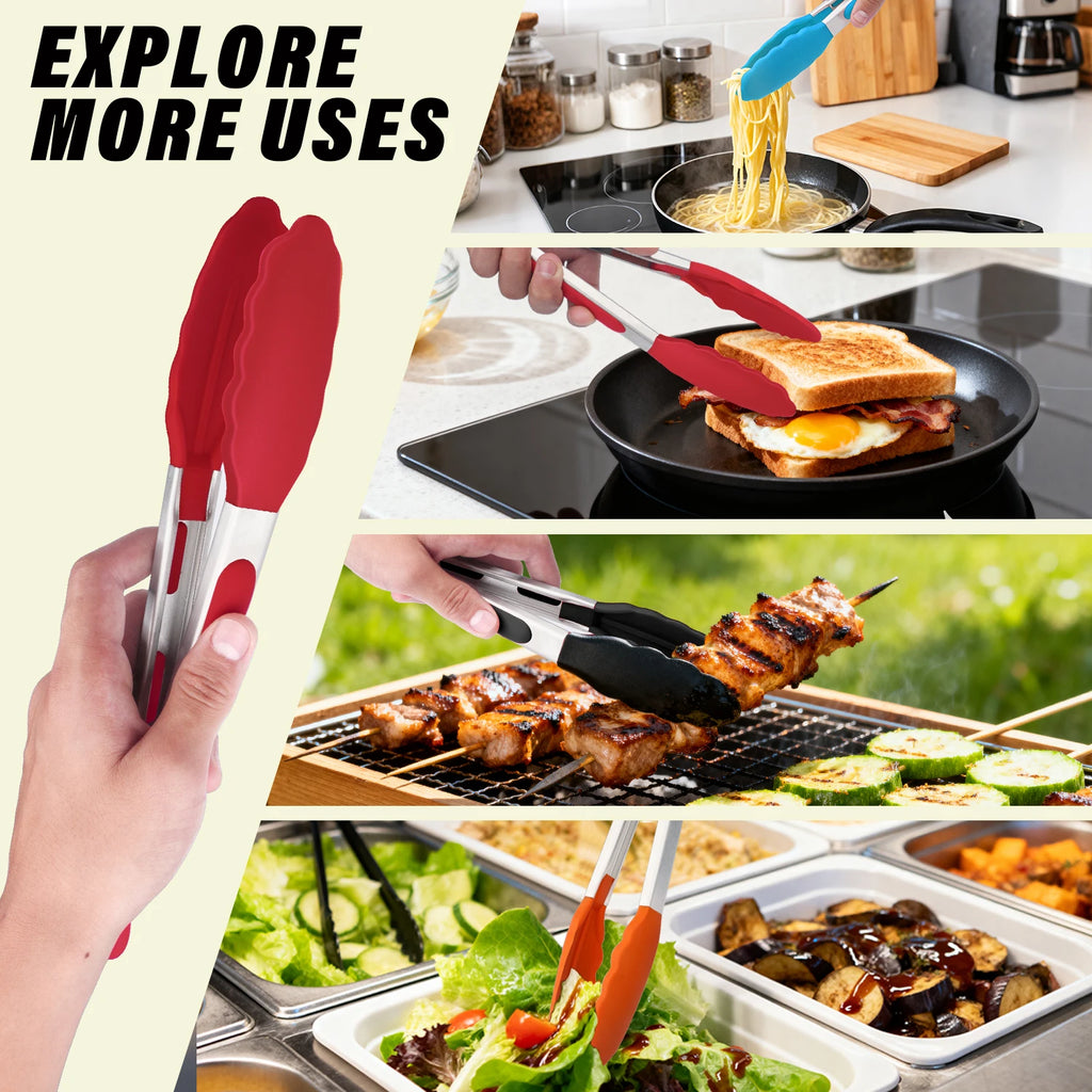 9+12 Inch Silicone Food Tong Stainless Steel Silicone Non-slip Cooking Clip Clamp BBQ Salad Tools Cooking Kitchen Accessories