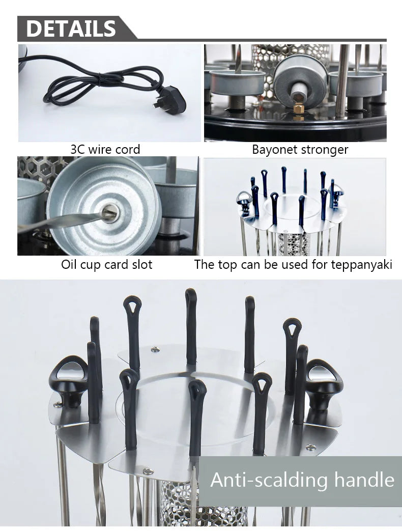 Grelhador Elétrico para Churrasco com 6/8/10 Espetos, Grelhador Vertical Rotativo Automático com Temporizador, Ferramenta para Churrasco sem Fumaça, Máquina Rotativa para Espetos de Kebab