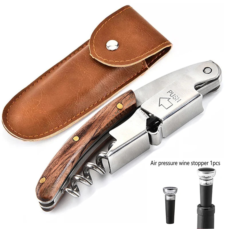 Abridor de vinho portátil profissional com punho de madeira, garçons Corkscrew, Beer Bottle Cap Opener com saco PU, Wine Stopper