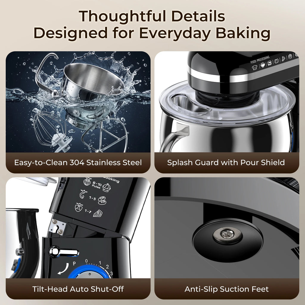 Dual-container Stand Mixer Kitchen Food Stand Mixer with Stainless Steel Bowl, 10 Speeds Beater