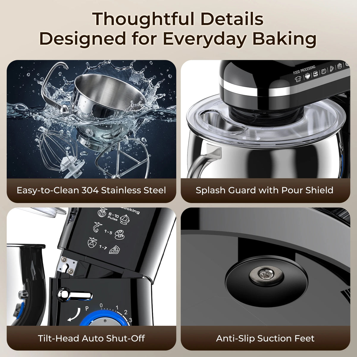 Dual-container Stand Mixer Kitchen Food Stand Mixer with Stainless Steel Bowl, 10 Speeds Beater