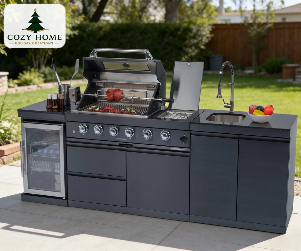 304 Stainless Steel Outdoor Kitchen Bar - 4-Burner Gas Grill Island & Refrigerator - USA Stock Dropshipping Certified