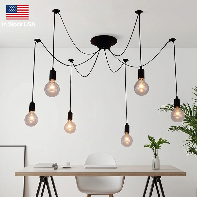 In Stock USA 6-Light Black Industrial Spider Pendant Light Adjustable Hanging Ceiling Light Fixture for Dining Room Kitchen