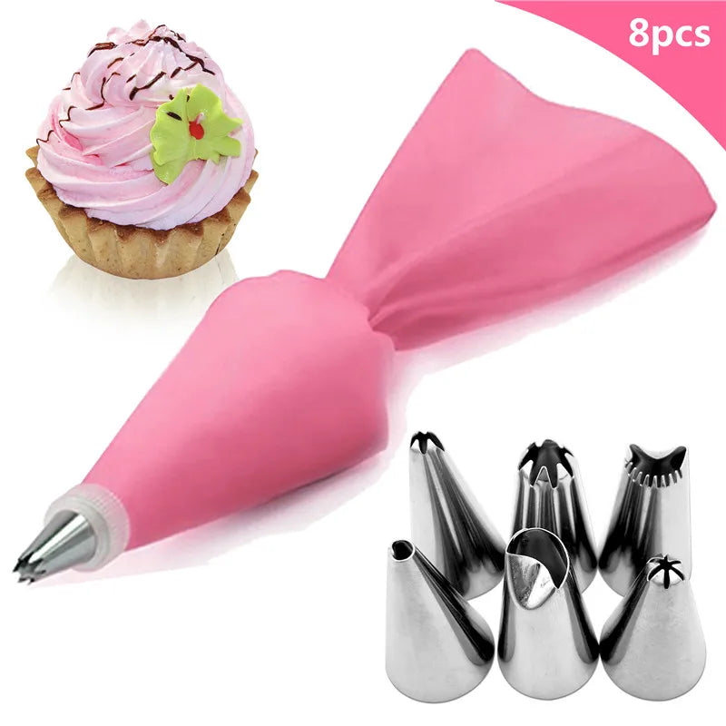 Silicone Glacê Piping Bag, 6 Bico De Bolo De Aço Inoxidável, Dicas De Decoração Do Bolo DIY, Ferramentas De Pastelaria Fondant, 8Pcs por Saco