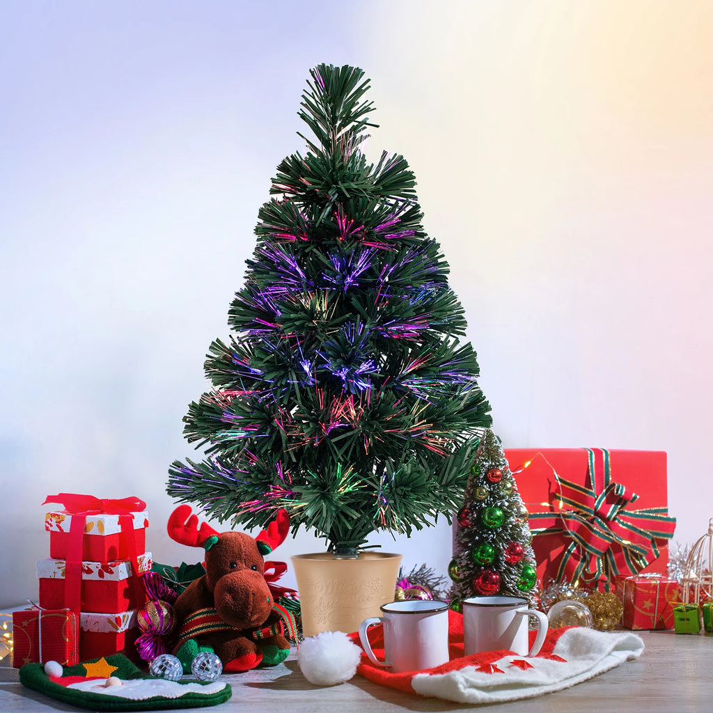 Mini árvore de Natal artificial de mesa de fibra óptica com luzes LED, base dourada, verde, pré-iluminada, árvore de Natal, 24 polegadas