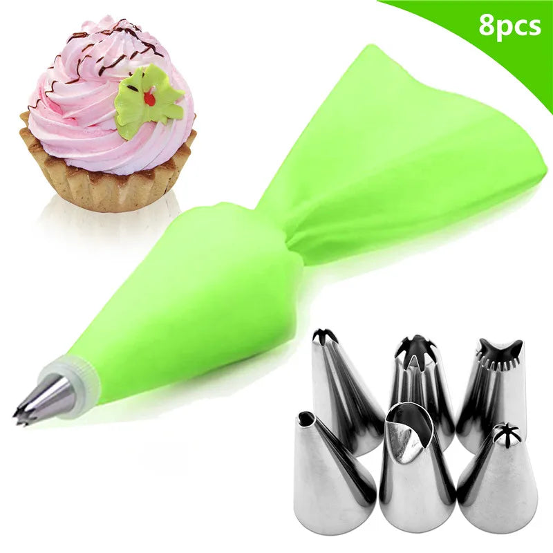 Silicone Glacê Piping Bag, 6 Bico De Bolo De Aço Inoxidável, Dicas De Decoração Do Bolo DIY, Ferramentas De Pastelaria Fondant, 8Pcs por Saco