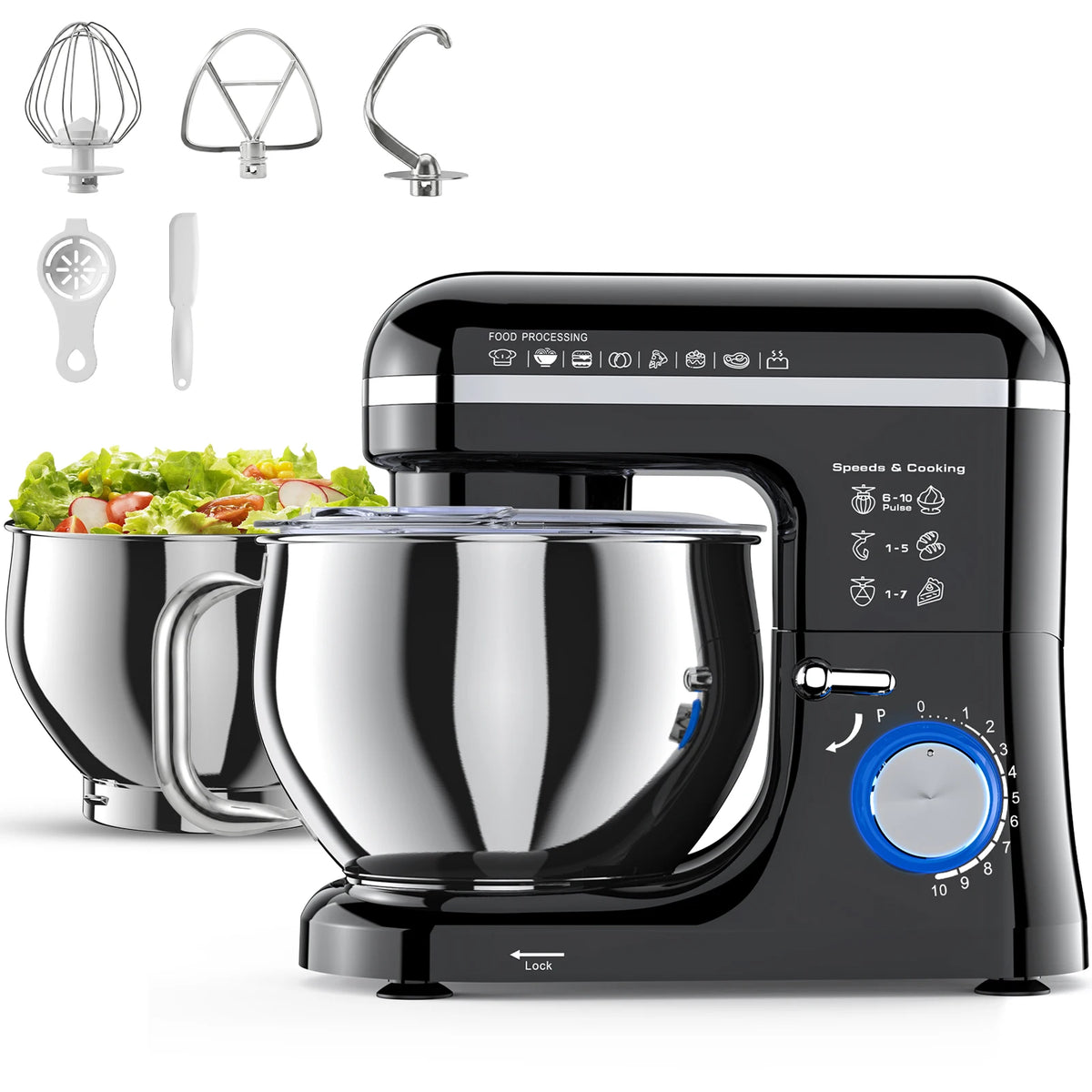 Dual-container Stand Mixer Kitchen Food Stand Mixer with Stainless Steel Bowl, 10 Speeds Beater