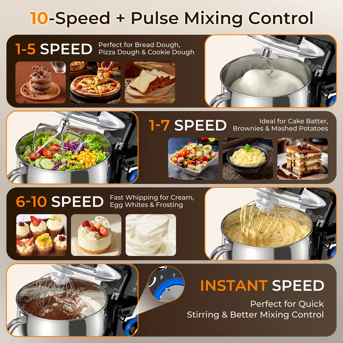 Dual-container Stand Mixer Kitchen Food Stand Mixer with Stainless Steel Bowl, 10 Speeds Beater
