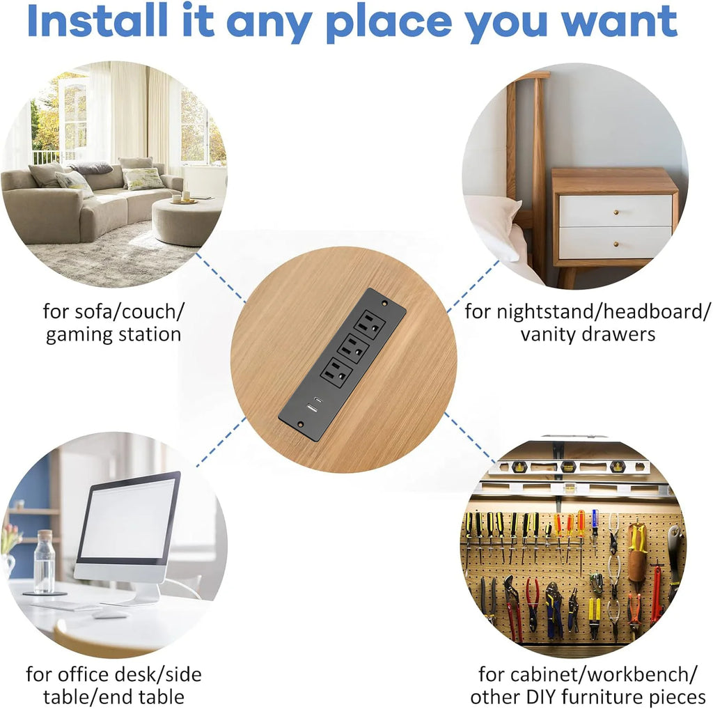 Recessed Power Strip Flush Mount Desk Outlet with USB Charging Ports and Power Cord for Office Conference Table Kitchen Island