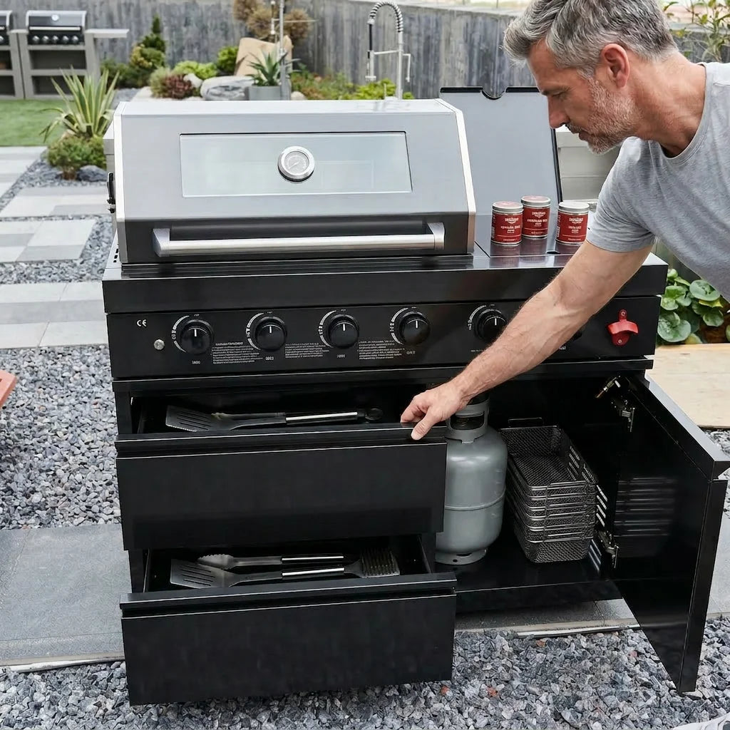 46-inch Black Propane Gas Grill Four Burners Stainless Steel Modern Luxurious Durable Outdoor Kitchen Islands